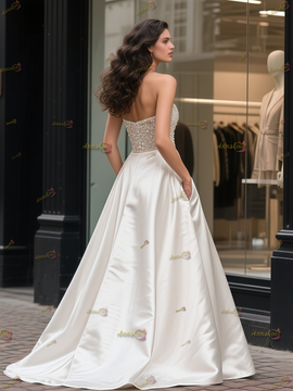 Shop 2025 ANNAKOO Strapless A Line Beading Sparkle Satin Wedding Dress With Pockets Under 188