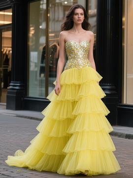 Shop 2025 ANNAKOO Yellow Sequin A Line Layers Tulle Prom Dress Under 239