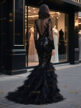 Shop 2025 ANNAKOO High Neck Trumpet Mermaid Sequin Feather Prom Dress Under 399