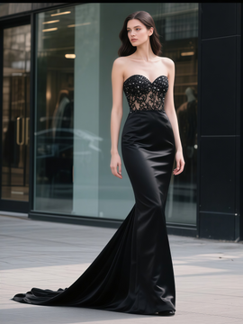 Shop 2025 ANNAKOO Black Sweetheart Trumpet Mermaid Satin Beading Prom Dress Under 239