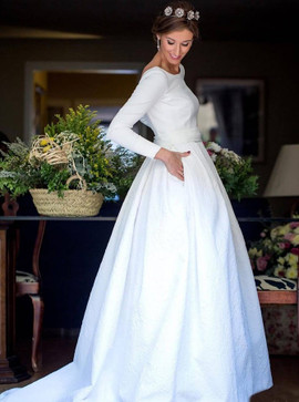 Long Sleeve A-Line Round Neck Backless Satin Wedding Dress