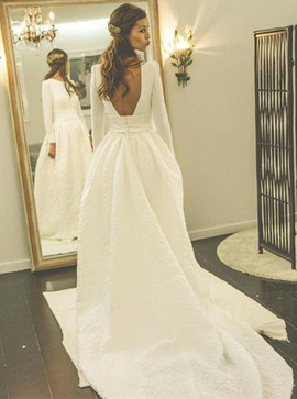 Long Sleeve A-Line Round Neck Backless Satin Wedding Dress