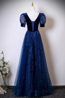 Shop 2025 ANNAKOO Blue Velvet & Tulle Sequins A Line Prom Dress Under 139