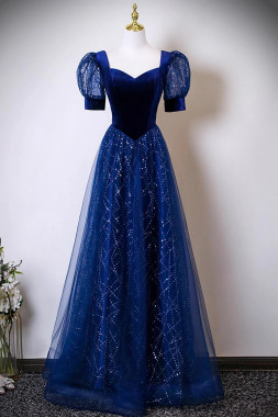 Shop 2025 ANNAKOO Blue Velvet & Tulle Sequins A Line Prom Dress Under 139
