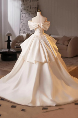 Shop 2025 ANNAKOO White Off The Shoulder Satin Flower A Line Wedding Dress Under 189