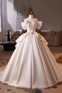 Shop 2025 ANNAKOO White Off The Shoulder Satin Flower A Line Wedding Dress Under 189