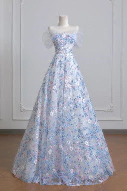 Shop 2025 ANNAKOO Blue Floral Tulle A Line Off The Shoulder Prom Dress Under 188