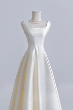 Shop 2025 ANNAKOO White Satin Tea Length A Line Square Prom Dress Under 158