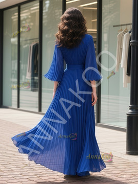 Shop 2025 ANNAKOO Royal Blue V Neck Half Sleeves Chiffon A Line Prom Dress Under 159
