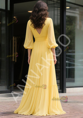 Shop 2025 ANNAKOO Yellow V Neck A Line Chiffon Long Sleeve Prom Dress Under 149