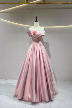 Shop 2025 ANNAKOO Pink A-Line Satin Floor Length Flower Prom Dress Under 189