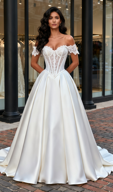 Shop 2025 ANNAKOO Off The Shoulder Lace Beading A Line Satin Wedding Dress Under 259