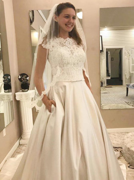 Lace Pockets A-Line Round Neck Satin Wedding Dress