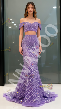 Shop 2025 ANNAKOO Beading Two Piece Purple Off The Shoulder Prom Dress Under 259