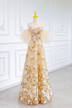 Shop 2025 ANNAKOO Champagne Tulle Floral A Line Off The Shoulder Prom Dress Under 179