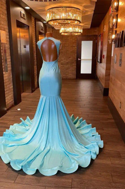 Shop 2025 ANNAKOO Light Blue Satin Trumpet Mermaid Beading Jewel Prom Dress Under 189
