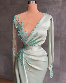 Shop 2025 ANNAKOO Green V Neck Long Sleeve Satin Trumpet Mermaid Prom Dress Under 198