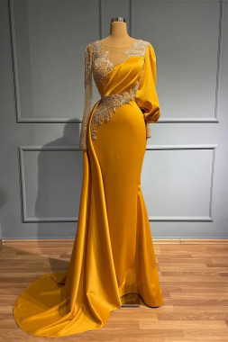 Shop 2025 ANNAKOO Gold Scoop Long Sleeve Trumpet Mermaid Satin Beading Prom Dress Under 198