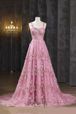 Shop 2025 ANNAKOO Pink Applique A-Line Spaghetti Straps Tulle Prom Dress Under 187