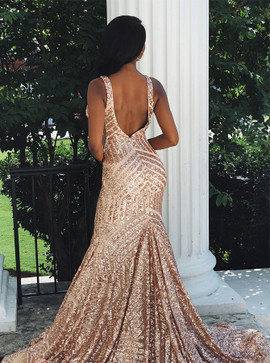 Rose Gold Backless Sequined Mermaid V-neck Prom Dress