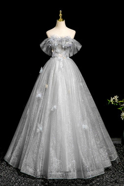 Shop 2025 ANNAKOO Gray Tulle Sequins Butterfly A Line Off The Shoulder Prom Dress Under 189