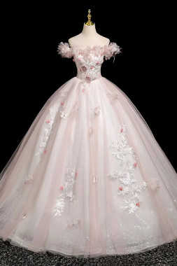 Shop 2025 ANNAKOO Off The Shoulder Pink Tulle Flower Appliques Prom Dress Under 189