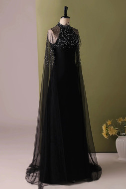 Shop 2025 ANNAKOO Black Halter Beading A Line Evening Dress with Cape Under 159
