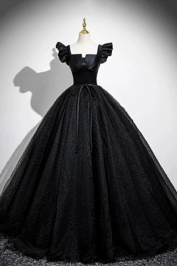 Shop 2025 ANNAKOO Black Satin Tulle Long Puffy Sleeves Prom Dress Under 149