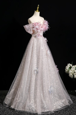 Shop 2025 ANNAKOO Pink Tulle Sequins Floral Off The Shoulder A Line Prom Dress Under 178