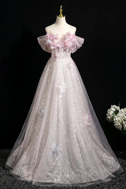 Shop 2025 ANNAKOO Pink Tulle Sequins Floral Off The Shoulder A Line Prom Dress Under 178