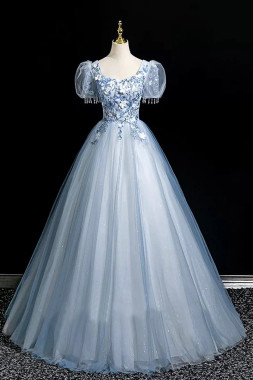 Shop 2025 ANNAKOO Blue Tulle Lace Short Sleeve A Line Prom Dress Under 189