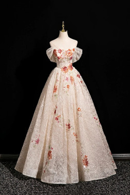 Shop 2025 ANNAKOO Off the Shoulder Champagne Floral Sequins A Line Prom Dress Under 248