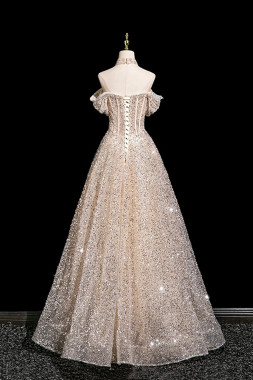 Shop 2025 ANNAKOO Champagne Tulle Sequins A Line Off The Shoulder Prom Dress Under 219
