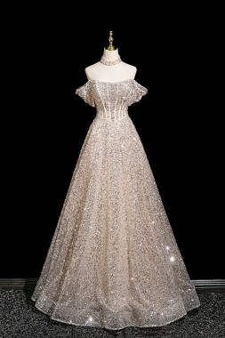 Shop 2025 ANNAKOO Champagne Tulle Sequins A Line Off The Shoulder Prom Dress Under 219