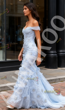 Shop 2025 ANNAKOO Off The Shoulder Blue Flower Beading Tulle Mermaid Prom Dress Under 279
