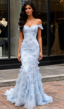 Shop 2025 ANNAKOO Off The Shoulder Blue Flower Beading Tulle Mermaid Prom Dress Under 279