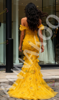 Shop 2025 ANNAKOO Yellow Off The Shoulder Tulle Flower Mermaid Prom Dress Under 279