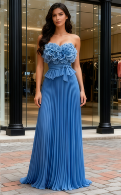 Shop 2025 ANNAKOO Flower A Line Blue Ruffles Sweetheart Chiffon Pleats Prom Dress Under 229