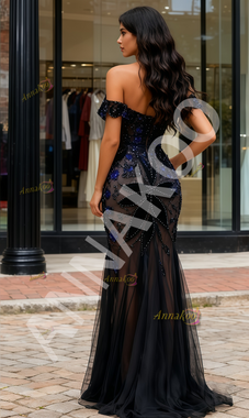 Shop 2025 ANNAKOO Off The Shoulder Trumpet Mermaid Black & Blue Prom Dress With Slit Under 279