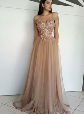 Champagne Off Shoulder Beading Prom Evening Dress