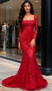 Shop 2025 ANNAKOO Red Long Sleeve Square Neck Trumpet Mermaid Beading Prom Dress Under 269
