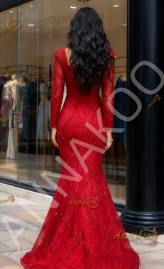 Shop 2025 ANNAKOO Red Long Sleeve Square Neck Trumpet Mermaid Beading Prom Dress Under 269
