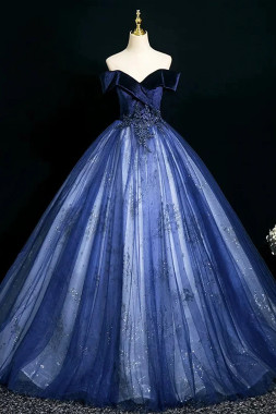 Shop 2025 ANNAKOO Blue Velvet Off The Shoulder Beading Tulle Prom Dress Under 189