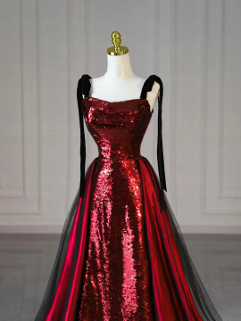 Shop 2025 ANNAKOO Burgundy Sequins Spaghetti Straps A Line Prom Dress Under 178