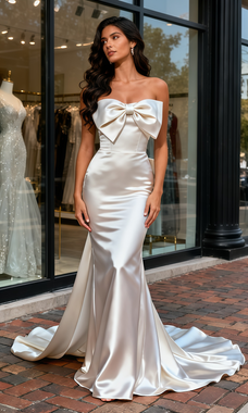 Shop 2025 ANNAKOO Satin Trumpet Mermaid Bowknot Detachable Train Wedding Dress Under 189