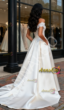 Shop 2025 ANNAKOO Satin Off The Shoulder Lace & Satin A Line Wedding Dress With Pockets Under 195