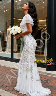 Shop 2025 ANNAKOO Short Sleeve Scoop Trumpet Mermaid Crsytal Tulle Wedding Dress Under 399