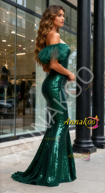 Shop 2025 ANNAKOO Dark Green Short Sleeve Trumpet Mermaid Sequin Prom Dress Under 159