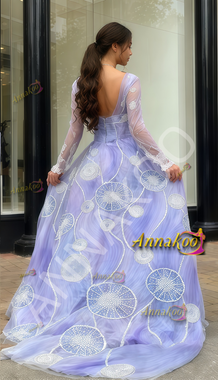 Shop 2025 ANNAKOO Purple Boat Neck Long Sleeve V Neck Beading Prom Dress Under 269