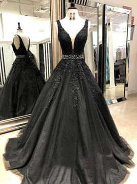 Appliques Lace Black Deep V-neck Prom Dress